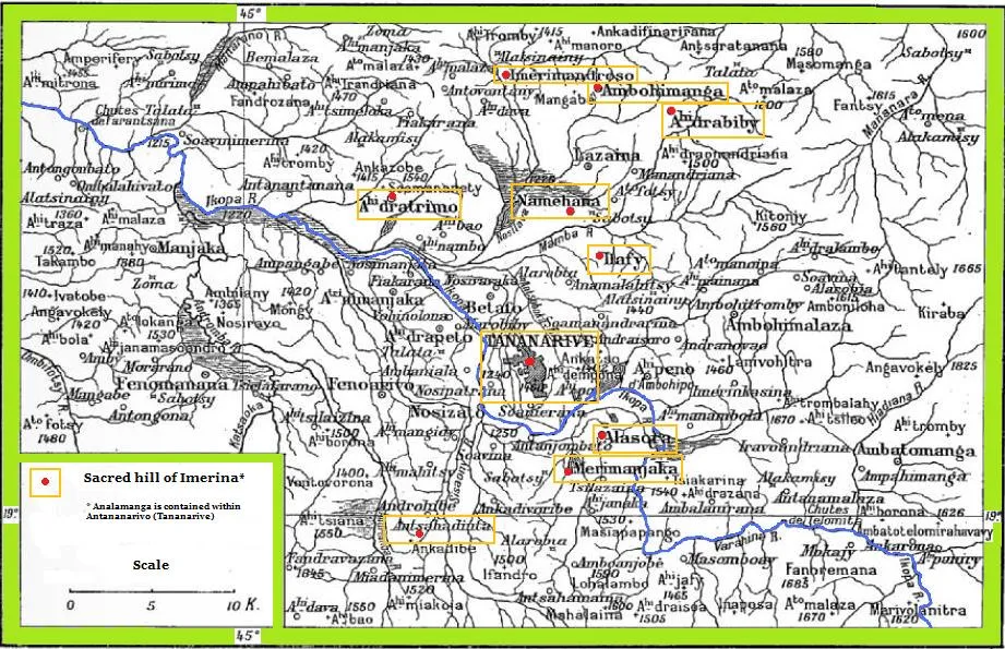 Carte topographique détaillée des hautes terres autour d'Antananarivo, semée de dizaines de noms de collines et de villages avec leurs altitudes. Une quinzaine de points sont marqués d'un signe orange ; la légende les désigne comme collines sacrées de l'Imerina.
