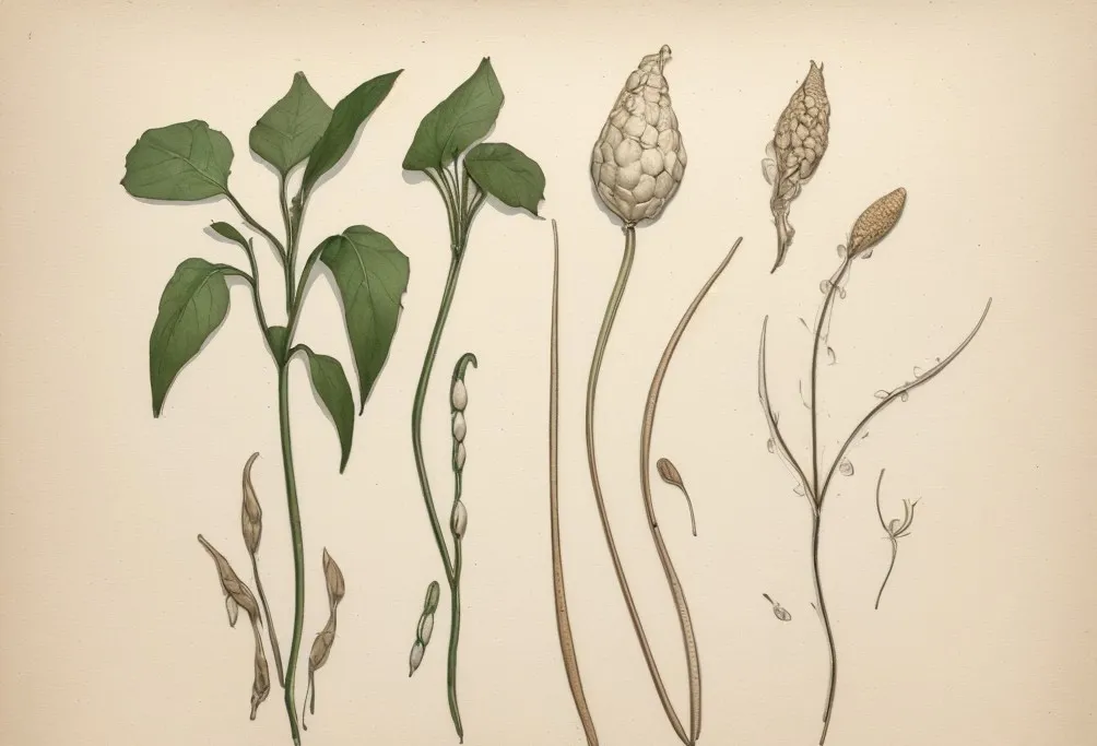 Planche naturaliste sur papier crème : quatre spécimens de plantes alignés côte à côte, tiges dressées, feuilles larges, gousses et capsules ouvertes, dessinés à l'encre et lavés d'aquarelle pâle.