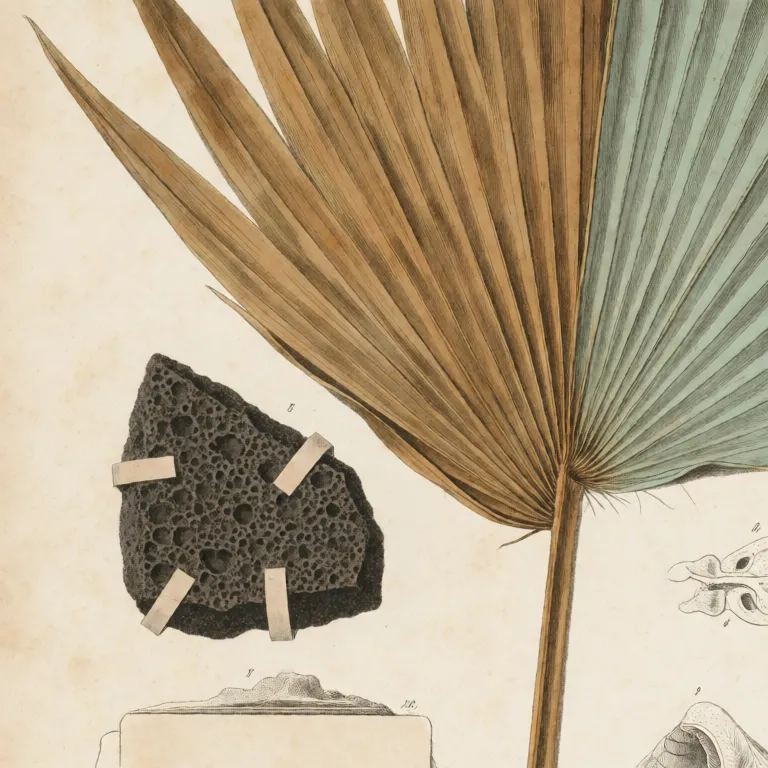Feuille de spécimen : un fragment de roche volcanique poreuse sanglé au papier, à côté d'une palme séchée.