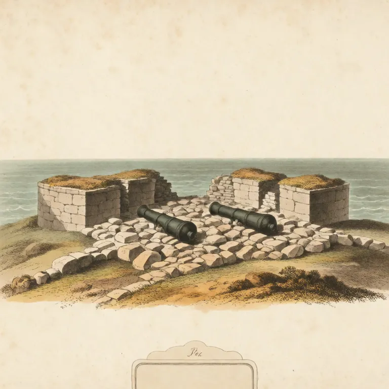 Planche : les ruines d'un petit fort côtier en pierre, deux canons démontés parmi les blocs, la mer derrière.