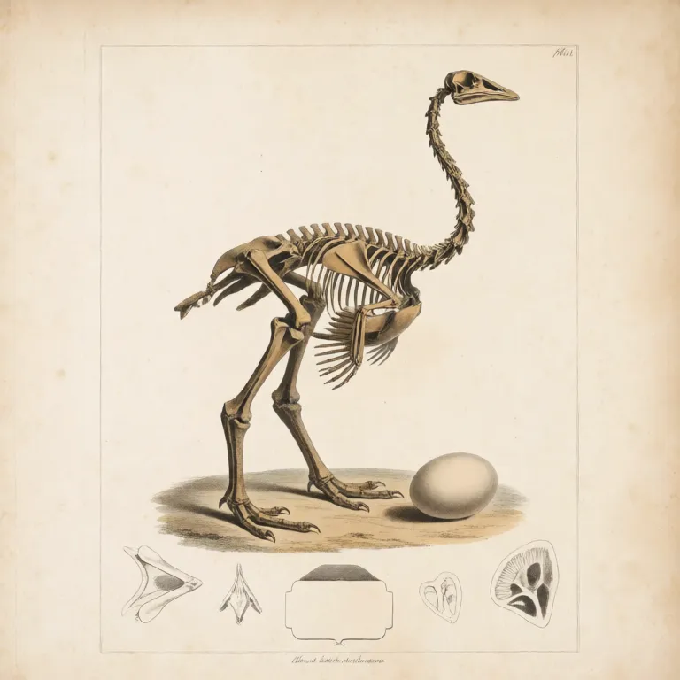 Planche ostéologique : le squelette monté d'un grand oiseau coureur, un œuf posé à ses pieds pour l'échelle.