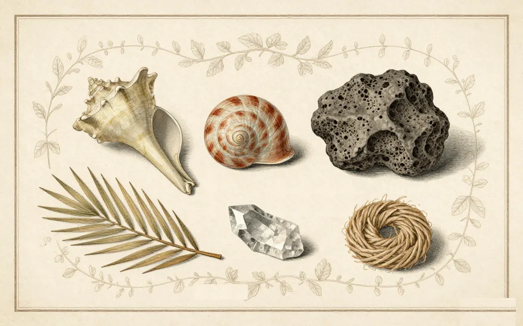 Planche d'objets sur papier crème, dans un encadrement de rinceaux végétaux : deux coquillages, une roche volcanique poreuse, une palme séchée, un cristal de quartz et un rouleau de raphia.