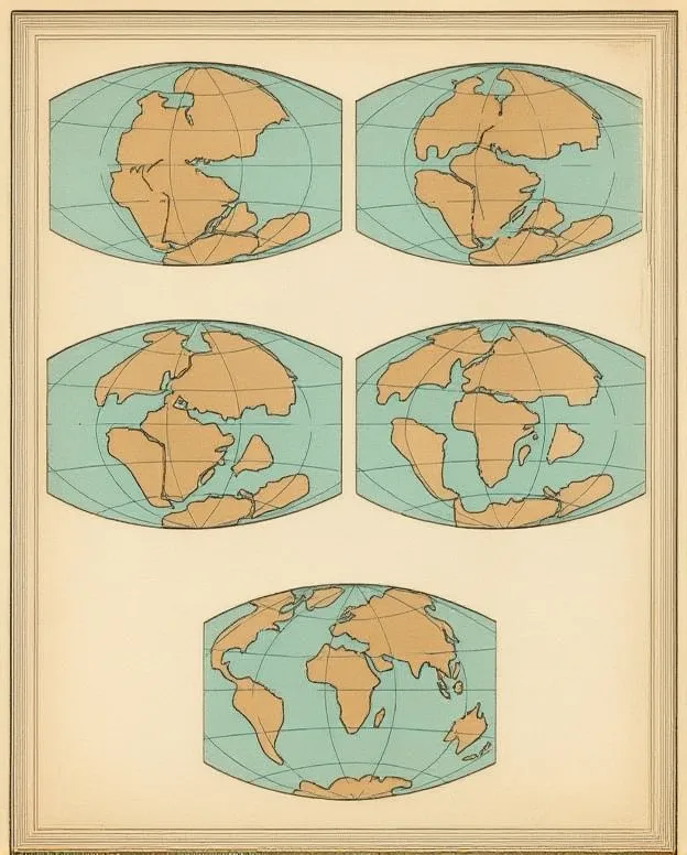 Cinq vues du globe montrant l'éclatement de la Pangée et la dérive des continents jusqu'à leurs positions actuelles.