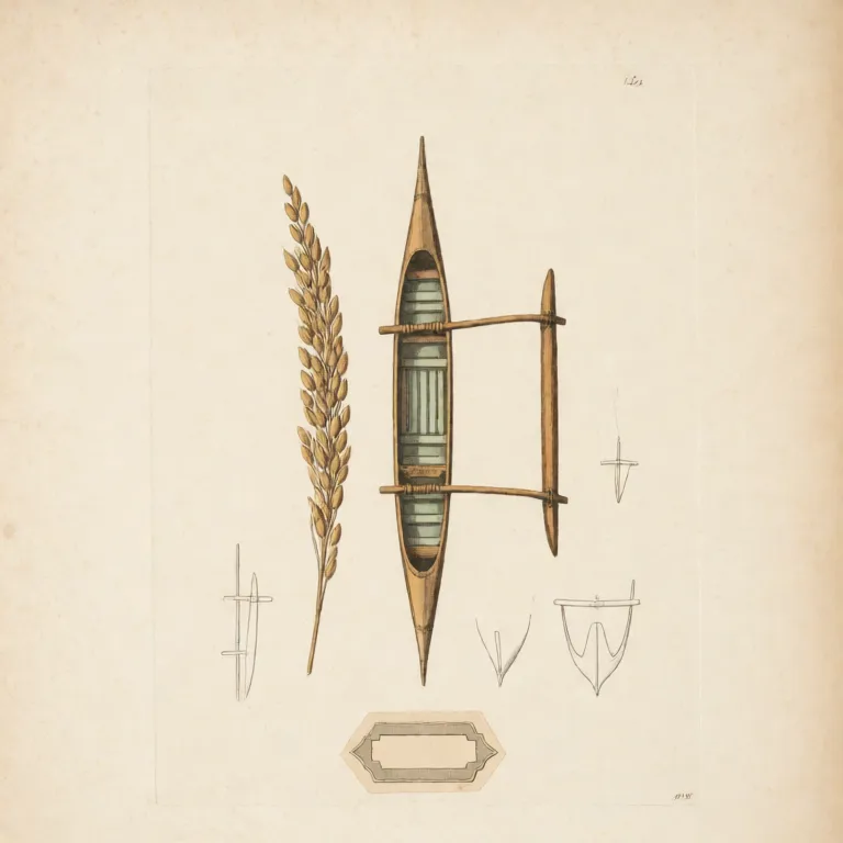 Feuille de spécimen : un modèle réduit de pirogue à balancier, ses traverses ligaturées de fibre, et un épi de riz posé à côté.