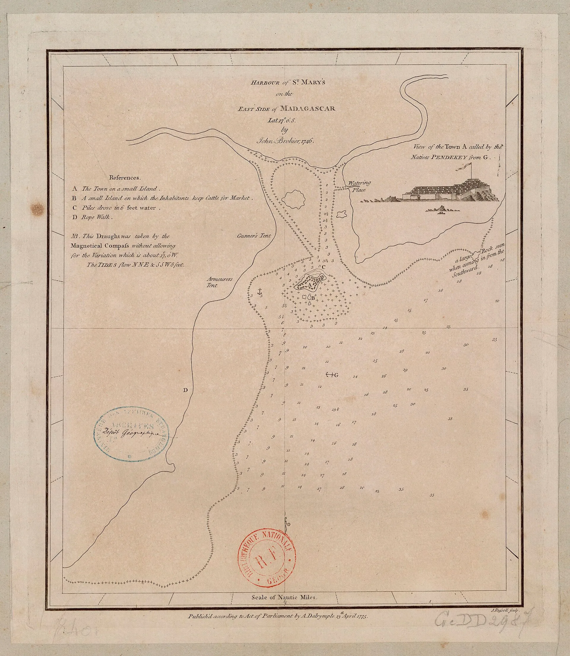 Carte marine gravée d'un port : un chenal bordé de croix marquant les hauts-fonds, des chiffres de sonde par centaines couvrant la rade, deux petites îles repérées par des lettres, et en médaillon une vue de la ville, un long bâtiment à toits multiples surmonté d'un pavillon. Un cartouche donne le titre, un autre la liste des références.